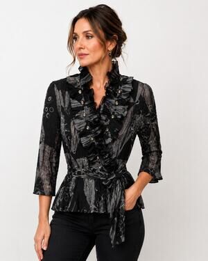 VTG Alexandra Rosati Womens Blouse Sz S Textured Ruffled Beads Wrap Cottagecore